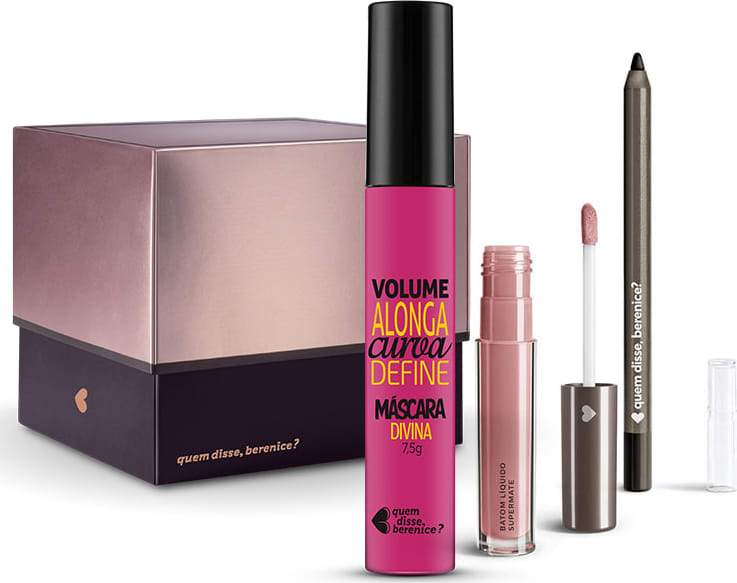 Kit Máscara de Cílios Divina Preté + Batom Líquido Supermate Rosetali + Lápis Olhos Pretuco + Caixa Cubo M