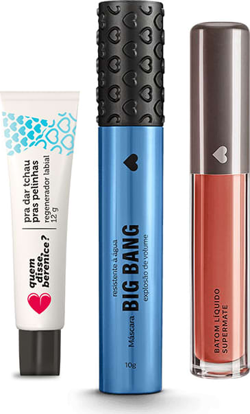 Kit Máscara Big Bang Resistente à Água + Tchau Pelinhas + Batom Líquido Supermate Marronli