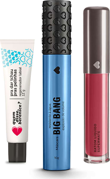 Kit Máscara Big Bang Resistente à Água + Tchau Pelinhas + Batom Líquido Supermate Goiabali