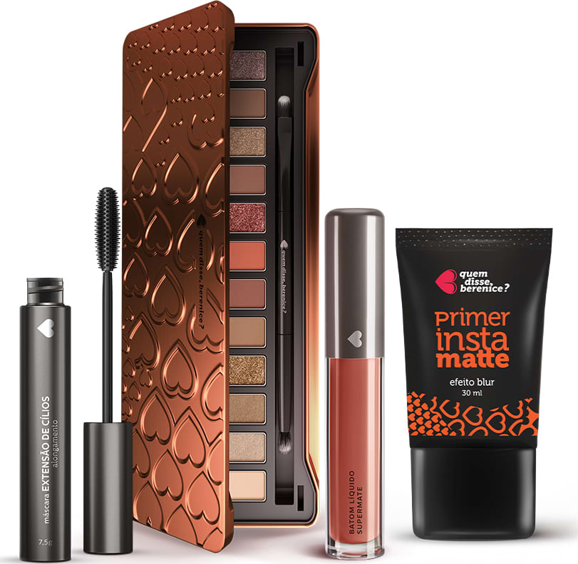 Kit Paleta de Sombras Adoro Bronzes + Primer Instamatte + Máscara Extensão de Cílios + Batom Líquido Supermate Marronli
