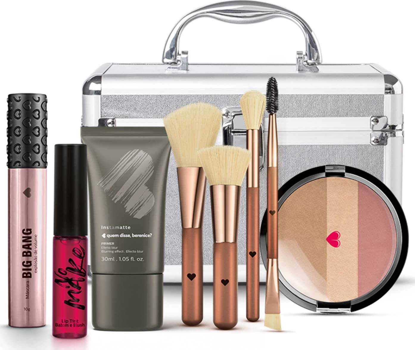 Kit Maleta de Maquiagem + Conjunto de Pincéis + Primer + Máscara Big Bang + Lip Tint + Pó Multiefeitos