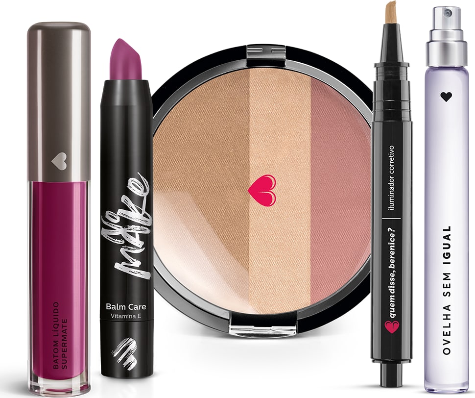 Combo Batom Líquido + Pó Multiefeitos + Balm + Iluminador Corretivo + Desodorante Colônia