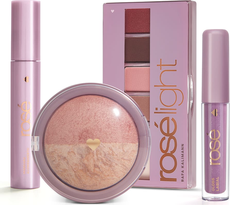 Kit Glossy Brilho Próprio Rosé Light: Paleta Rosé Light + Gloss + Máscara + Blush Rose
