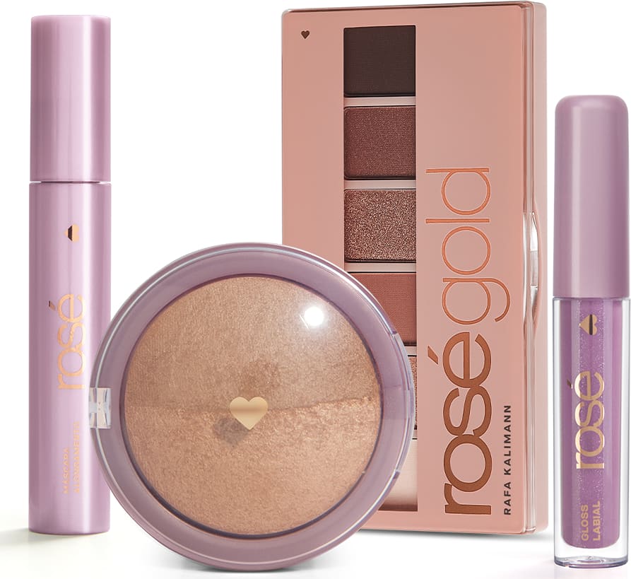 Kit Glossy Brilho Próprio Rosé Gold: Paleta Rosé Gold + Gloss + Máscara + Blush Bronze