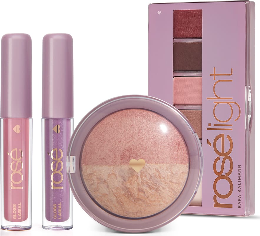 Kit Super Glossy & Rosé Light: Paleta Rosé Light + Blush + Gloss Rose Brilho Próprio + Avelã Iluminado