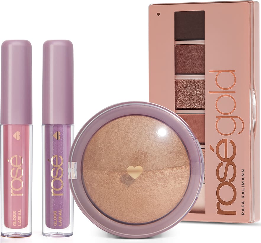 Kit Super Glossy & Rosé Gold: Paleta Rosé Gold + Blush + Gloss Rose Brilho Próprio + Avelã Iluminado