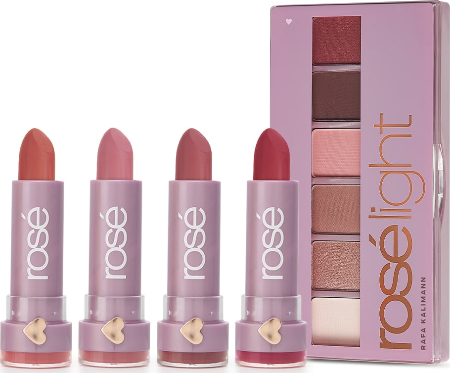 Kit que Ilumina Rosé Light: Paleta Rosé Light + Vermelho Ame-se + Rose Seja Luz + Avelã Haja Amor + Malva Estrela