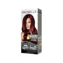 Coloração de cabelo da marca Probelle. Embalagem retangular com imagem de uma modelo de cabelos vermelhos compridos e ondulados. Rótulo com o nome "Super Bonita" na cor 6.66 e informações sobre o produto contendo óleos essenciais.