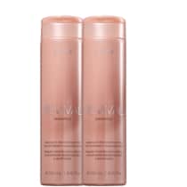 Dois frascos rosa-claro da linha Revival da marca Braé, contendo shampoo para reconstrução imediata de cabelos extremamente danificados, com 250 ml cada.