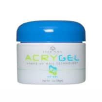 Gel acrílico híbrido para unhas. A embalagem é um pote branco com uma tampa azul arredondada. O rótulo do produto exibe o nome "ACRYGEL" em letras verdes e amarelas, juntamente com a descrição "Hybrid UV Nail Technology" em letras menores.