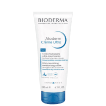 Frasco branco e azul da marca Bioderma, contendo o produto Atoderm Crème Ultra, uma creme hidratante ultra-nutritivo para peles normais a secas.
