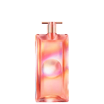 A imagem mostra o frasco do perfume Idôle Nectar: frasco retangular de vidro rosa transparente com degradê de cores quentes e efeito de luz. O frasco possui uma tampa e um pulverizador na cor cobre rosado metálico.