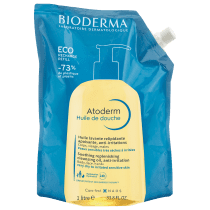 Embalagem de recarga Eco da Bioderma, contendo 1 litro de Atoderm, um óleo de banho hidratante e calmante para peles sensíveis e secas a muito secas.