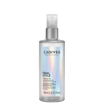 A imagem mostra o Óleo Capilar Cadiveu Professional Final Style Supreme Oil 110ml, uma embalagem prateada fosca com detalhes holográficos e texto na cor preta. Traz as informações: brilho e maciez instantânea, proteção térmica e fórmula leve.