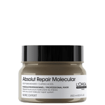 A imagem mostra a máscara capilar da marca L'Oréal Professionnel da linha Absolut Repair Molecular", indicada para reparar a estrutura molecular dos cabelos. O frasco é marrom com uma tampa preta e rótulo branco.