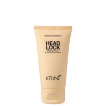 A imagem mostra o Gel Fixador Head Lock da marca Keune, com embalagem de cor bege. Traz o nome "Head Lock" em letras pretas, descrito como "Medium high-shine gel" (Gel de brilho médio). O logotipo da Keune aparece na parte inferior.