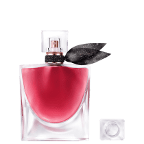 O frasco é predominantemente na cor rosa vibrante. A tampa do frasco possui um laço preto ornamentando.