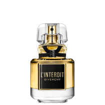 Frasco de perfume Givenchy L'Interdit, com design elegante em vidro transparente e detalhes dourados. O rótulo preto destaca o nome do produto em letras brancas.