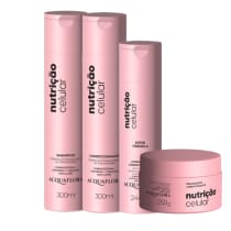 Conjunto de produtos Acquaflora em embalagens rosa, incluindo shampoo, condicionador e tratamento capilar. As embalagens apresentam rótulos com informações sobre os ingredientes e benefícios dos produtos.