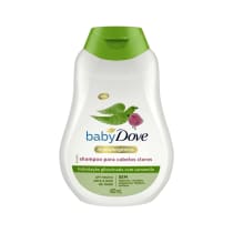 Frasco de shampoo Baby Dove com 400 ml, embalagem branca e verde, com imagem de pássaro e texto indicando ser um produto hipoalergênico para cabelos claros, com hidratação glicerinada com camomila.