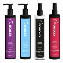 Quatro frascos de produtos Acquaflora da linha Crono 10: nutrição instantânea, hidratação instantânea, selagem instantânea e condicionamento ultra.