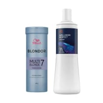 O produto Blondor Multi Blonde 7 da Wella Professionals é um pó clareador em embalagem azul, enquanto o Welloxon Perfect é um creme revelador em embalagem branca e azul escuro da mesma marca.
