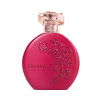 Frasco de perfume Floratta Flores Secretas, com design em formato oval e cor rosa vibrante, com detalhes em relevo de flores em sua superfície.