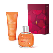 Um kit de produtos da marca Celebre, incluindo um frasco de fragrância laranja e uma embalagem vermelha com detalhes em dourado, contendo um desodorante corporal com fragrância floral.