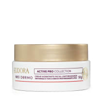 Embalagem tipo pote do Creme hidratante facial uniformizado. embalagem branca, redonda, com tampa de rosquear na cor dourada, rótulo em tons de dourado, bordô e vermelho em fundo branco, 50g do produto.