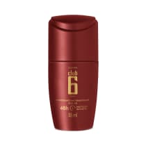 Embalagem do antitranspirante roll-on Club 6 Fever. Embalagem cilíndrica na cor vermelho metálico. Na parte frontal estão indicados o nome da marca Club 6 a fragrância Fever e informações como 48h proteção intensiva e 55ml em fonte dourada.