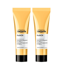A imagem mostra dois tubos idênticos do leave-in da linha NutriOil da L'Oréal Professionnel. Os tubos possuem uma cor bege/dourado e detalhes em preto na parte inferior, trazendo o logotipo e informações sobre o produto em inglês e português.