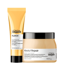 A imagem mostra um tubo com leave-in e um pote com máscara capilar, ambos da linha L'Oréal Professionnel Paris. O leave-in possui um tubo bege/dourado de 150ml com tampa preta. Já a máscara capilar possui um pote de 500g, bege com a tampa preta.