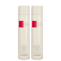 A imagem mostra kit do shampoo e condicionador Color Shield de 300ml cada, da marca MAB by Alfaparf Milano. Os frascos são brancos e cilíndricos e exibem o logotipo em rosa vibrante. Traz a indicação para proteção da cor.