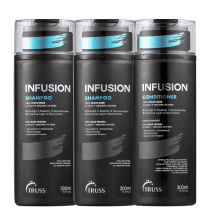 A imagem mostra três frascos de produtos da marca TRUSS. São dois frascos de shampoo e um de condicionador da linha Infusion. As embalagens trazem o nome da linha e tipo de produto em destaque, além de ativos, volumetria e logo da marca no rodapé.
