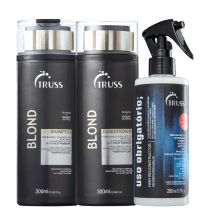 A imagem mostra três produtos da marca TRUSS, com dois frascos pretos de shampoo e condicionador da linha Bonde, com detalhes em amarelo claro, e do lado direito, um borrifador plástico preto com fundo azulado.