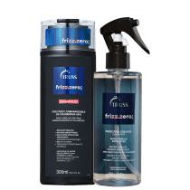 A imagem mostra produtos de cuidados capilares da marca Truss, da linha Frizz.zero, desenvolvidos especificamente para cabelos com frizz, indisciplinados ou volumosos. Os produtos apresentados são um shampoo e uma máscara líquida.