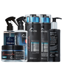A imagem mostra uma linha de produtos para cabelos da marca Truss. Há vários frascos e embalagens de diferentes tipos de produtos capilares dessa marca dispostos na imagem em preto.