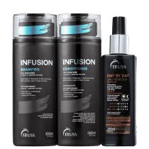 A imagem mostra uma linha de produtos para cabelos da marca Truss. São eles:
- Shampoo Infusion
- Condicionador Infusion
- Leave-in Day By Day