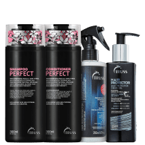 A imagem mostra uma linha de produtos para cabelos da marca Truss. São eles:
- Shampoo Perfect
- Condicionador Perfect
- Reconstrutor Capilar Uso Obrigatório
- Leave-in Hair Protector