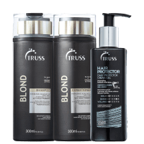 A imagem mostra o shampoo e condicionador TRUSS Blond de 300ml cada, em embalagens pretas com detalhes em dourado. Também o leave-in Hair Protector de 250ml na cor preta com detalhes em azul.