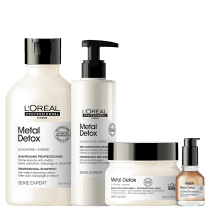 Kit com pré-shampoo, shampoo, máscara capilar e óleo capilar Metal Detox, da marca L'Oréal Professionel