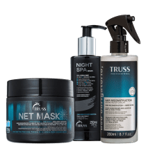 A imagem mostra produtos de cuidados capilares da marca TRUSS. Um Uso Obrigatório, uma máscara NET Mask e um Sérum Noturno Night SPA.