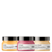 A imagem mostra três potes de tratamentos capilares profissionais da linha L'Oréal Professionnel Série Expert.