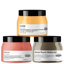 Kit L'Oréal Professionnel Absolut Repair Molecular + NutriOil + Inforcer Masks, com máscara capilar Absolut Repair Molecular, máscara capilar NutriOil e máscara capilar Inforcer, da marca  L'Oréal Professionnel