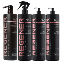 A série de produtos de beleza K.Pro é apresentada em embalagens pretas com detalhes em rosa. Há quatro frascos com bombas doseadoras, cada um com um número (1, 2, 3 e 4) e um rótulo indicando o tipo de produto, como "Purify", "Strong", "Acid" e "Sensory".