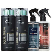 Kit com shampoo e condicionador Equilibrium, tratamento reconstrutor Uso Obrigatório Miracle Summer e tratamento disciplinante Frizz Zero.