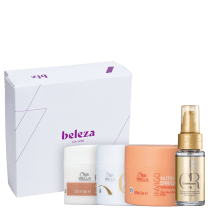 A caixa branca com detalhes em roxo. Dentro da caixa, há um óleo capilar e três máscaras de tratamento, das respectivas linhas: Oil Reflections, Fusion e Nutri-Enrich.