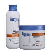 Kit com shampoo e máscara capilar Real Rigen, da marca Alfaparf Milano.