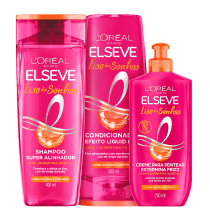 Kit com shampoo, condicionador e creme de pentear Liso dos Sonhos, da marca Elseve.