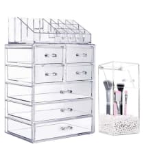 Kit Organizador de Maquiagem com 7 Gavetas e Porta Pincel em Acrílico com Pérolas
